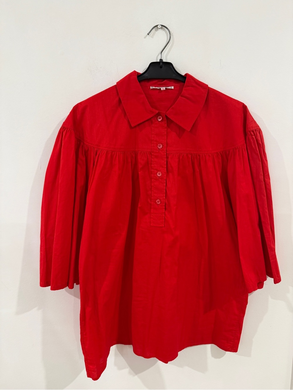 Saint Laurent Red Button-Down Gathered-Yoke Blouse